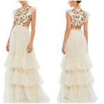 Mac Duggal Nwt Embroidered Bodice Cap Sleeve Ruffle Tiered Gown Size 12 Beaded. Fixed Price $250.00.